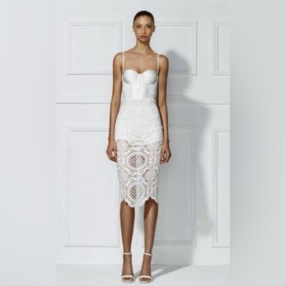 Misha Collection Satin & Lace Crochet White Jumpsuit Midi Dress size XS